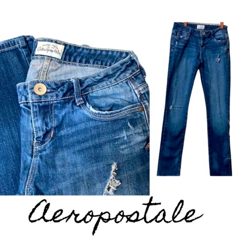 Women’s Aeropostale distressed bayla skinny blue‎ jeans 99/1 cott/spand sz 0 J17